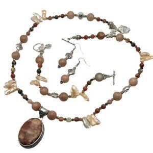 Handmade Jewelry Set ~ Vintage Birdseye Jasper, Sunstone, Flower Jasper & Pearl